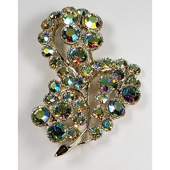 Vintage 1950's Aurora Borealis Iridescent Blues, Greens, Purples Crystal Brooch - Picture 9 of 16